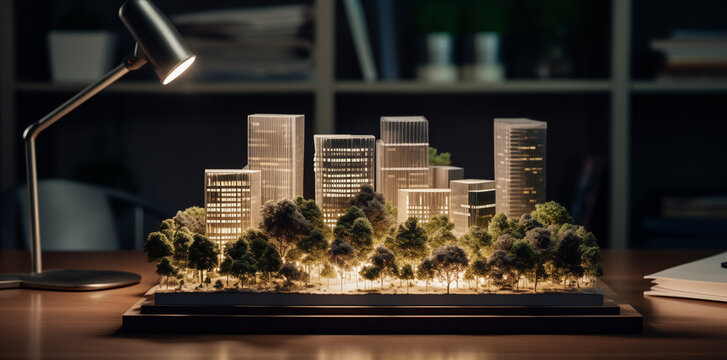 Maßstabsgetreues Modell eines modernen umweltfreundlichen Gebäude im Architekturbüro. nachhaltiges und energieeffizientes Bauen