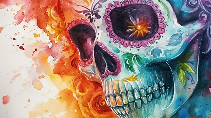 Foto auf Acrylglas Aquarellschädel The vibrant colors of a watercolor painting of a sugar skull are a reminder of the beauty and joy of life. ai generated.