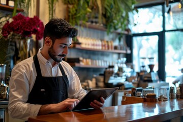 Fototapeta premium A tech-savvy waiter in a bustling artisanal cafe masterfully manages orders on his digital tablet, combining warm customer service with the efficiency of modern technology.