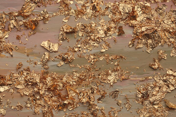 Art oil and acrylic smear blot  painting wall with gold foil elements. Abstract beige color stain brushstroke texture background.