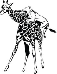 Cartoon Black and White Isolated Illustration Vector Of A Giraffe With A Lion On It's back