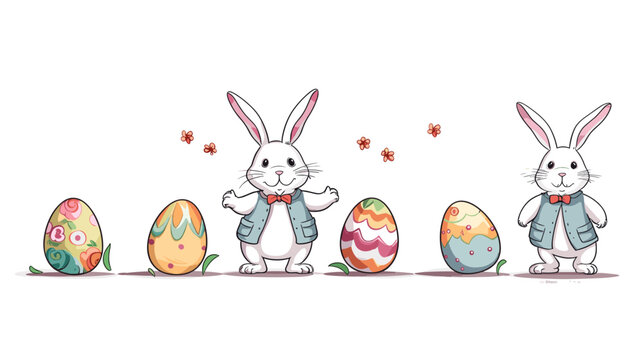 copy space, simple vector illustration set, cute easter bunny carrying easter eggs, isolated on white background, cartoon hand drawn style appealing to children. cartoon style appealing to children. B