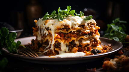 Appetizing freshly cooked lasagna with cheese and herbs close-up.