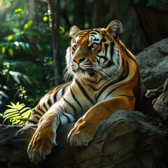 Obraz premium Tiger resting on a rock in the jungle