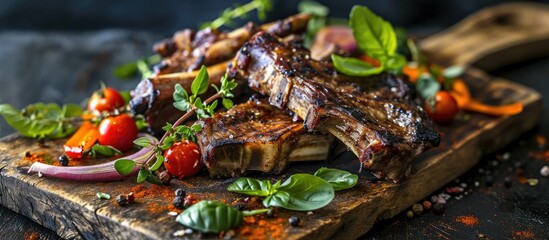 Grilled lamb ribs with mint and colorful vegetables. - obrazy, fototapety, plakaty