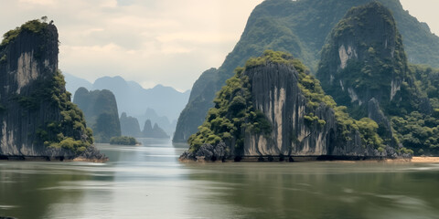beautiful view of the tropical river with beautiful karst limestone cliffs