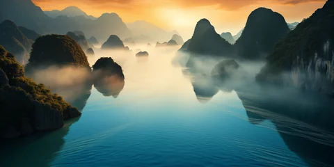 Afwasbaar Fotobehang Guilin aerial predawn view of the sea bay with karst limestone islets and cliffs in morning fog