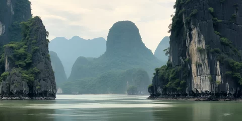 Keuken foto achterwand Guilin beautiful view of the sea bay with karst limestone islets and cliffs on a cloudy day