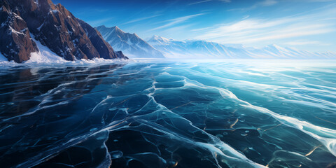winter view of a large frozen lake with mountainous coast - obrazy, fototapety, plakaty