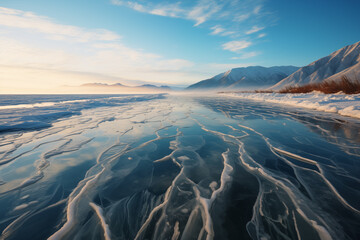 winter view of frozen sea with mountainous coast