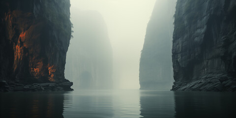 tropical coast with rocky cliffs in morning fog - obrazy, fototapety, plakaty
