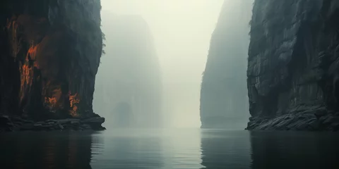 Foto auf Acrylglas Guilin tropical coast with rocky cliffs in morning fog