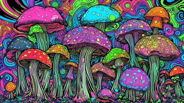 Vector Illustration Of Glowing Colorful Mushroom In Neon Background For Wallpaper, Story Book Cover Page, Poster And Banner. Cartoon Concept. Mushrooms Are Edible Fungus. National Mushroom Day