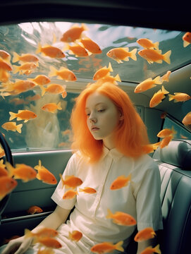 Surreal underwater car ride with orange-haired girl and fish