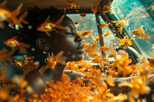 Generative AI image of woman in a car underwater with fish