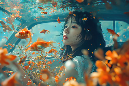 Serene underwater illusion with girl and golden fish