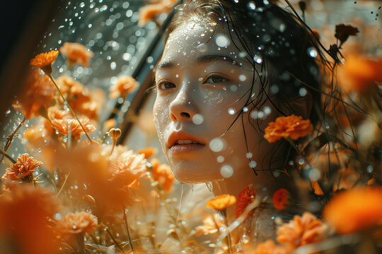Generative AI image of a serene woman among water and flowers