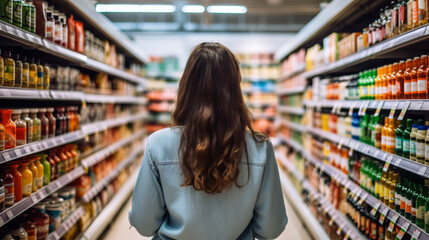 A woman comparing products in a grocery store - obrazy, fototapety, plakaty