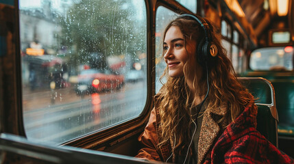 Young businesswoman on a business travel. Working on the bus using her laptop.