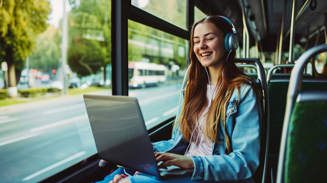 Young businesswoman on a business travel. Working on the bus using her laptop.