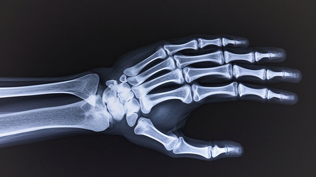 Human adult  hand bones x-ray image. Medical and anatomy radiography or imagery