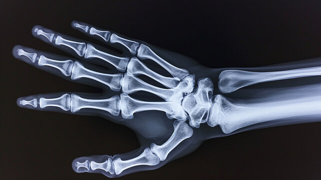 Human adult  hand bones x-ray image. Medical and anatomy radiography or imagery