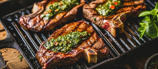 Grilled steak with chimichurri on a grill pan on table - obrazy, fototapety, plakaty