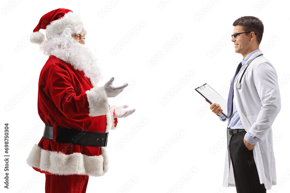 Poster Full length profile shot of santa claus talking to a male doctor