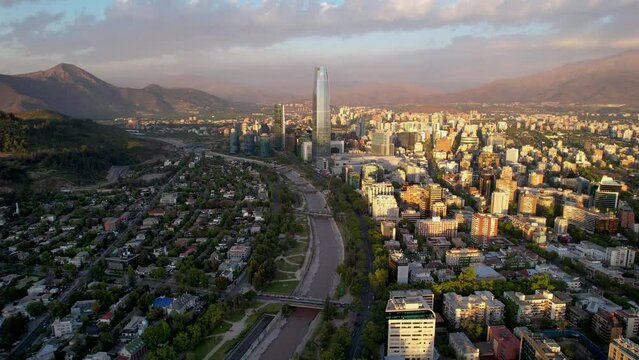 Beautiful aerial footage of the Plaza de Armas, Metropolitan Cathedral of Santiago de Chile, National History Museum of Chile, Central Market and the city of Santiago de  Chile