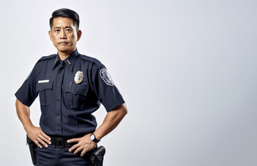 Asian man wearing uniform, police officer or cop, studio portrait with light background, copy space on side. Generative AI