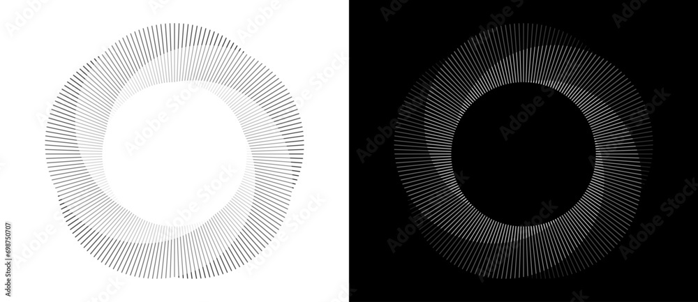 Poster Lines in circle abstract background. Dynamic transition illusion. Black shape on a white background and the same white shape on the black side.
