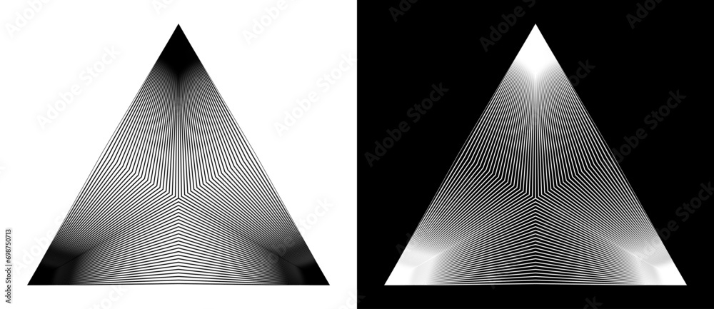 Aufkleber Geometric triangle shape with lines as modern design element, logo or icon. Black shape on a white background and the same white shape on the black side.