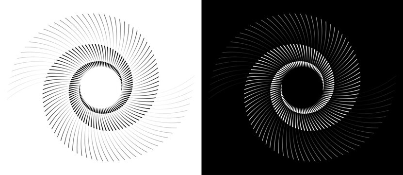 Abstract background with lines in circle. Art design spiral as logo or icon. A black figure on a white background and an equally white figure on the black side.