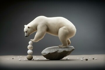Polar bear balancing on tiny shell. Generative AI