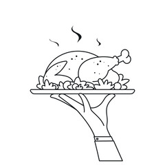 Outline hand of waiter holding serving plate with baked bird. Roast turkey or chicken on platter for traditional holiday dinner. Vector flat illustration