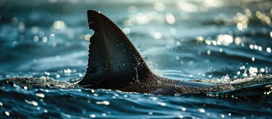 Great white shark's dorsal fin in Mossel Bay, South Africa's Indian Ocean. - obrazy, fototapety, plakaty