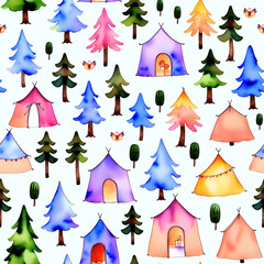 Obraz premium Camping with tents and trees pattern