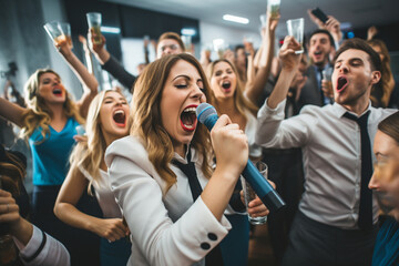 Employees enjoying karaoke or lip-sync battle moments at the office party