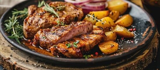Spiced pork steak with herbs, fried fillet, potato wedges, marinated onion in sauce.