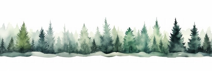 Watercolor Spruce Tree Line on White Background AI Generated - obrazy, fototapety, plakaty