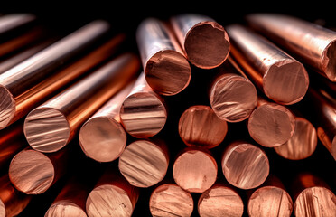 Copper pipes and sheet production. World prices for copper metal. Copper on the global metals market and mining market. Sheet metal in Metal industry - obrazy, fototapety, plakaty