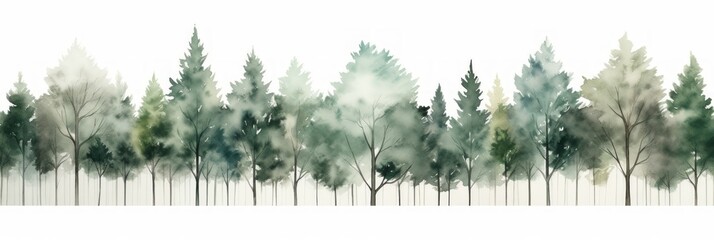 Watercolor Tree Line of Aspen on White Background AI Generated