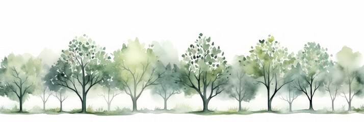 Dark Green and Light Gray Watercolor Tree Line on White Background AI Generated - obrazy, fototapety, plakaty