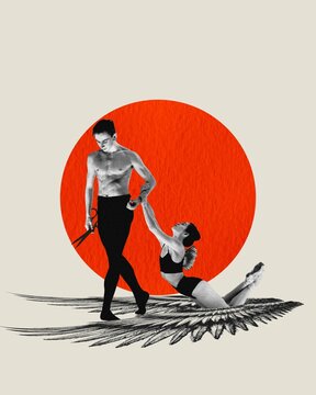 Fallen angel. Young man with scissors cut female feather. Painful unhealthy love. Contemporary art collage. Concept of love, codependent relationship, creative design, classic dance, surrealism