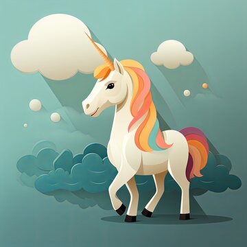 unicorn with a multi-colored mane on a background of abstract clouds and geometric elements, illustration of a magical animal from fairy tales