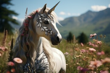 A mythical unicorn with a snow-white mane stands in a magical field with pink flowers under a blue...