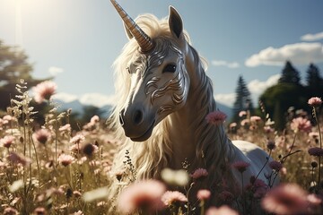 A mythical unicorn with a snow-white mane stands in a magical field with pink flowers under a blue...