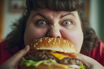 Funny obesity and fast food image of an overweight fat woman eating big hamburger