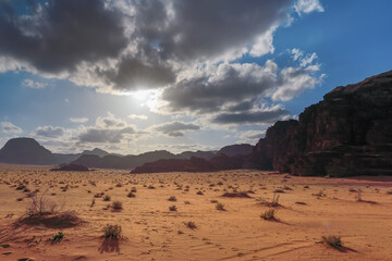Obraz premium Wadi Rum desert, sun shines through cloudy sky over red dust and rocks, few small dry shrubs in foreground