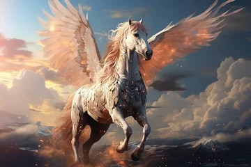 Fotobehang A magical pegasus with snow-white wings soars into the sky against the backdrop of a breathtaking sunset with bright red and golden clouds. Mythical horse © Marynkka_muis